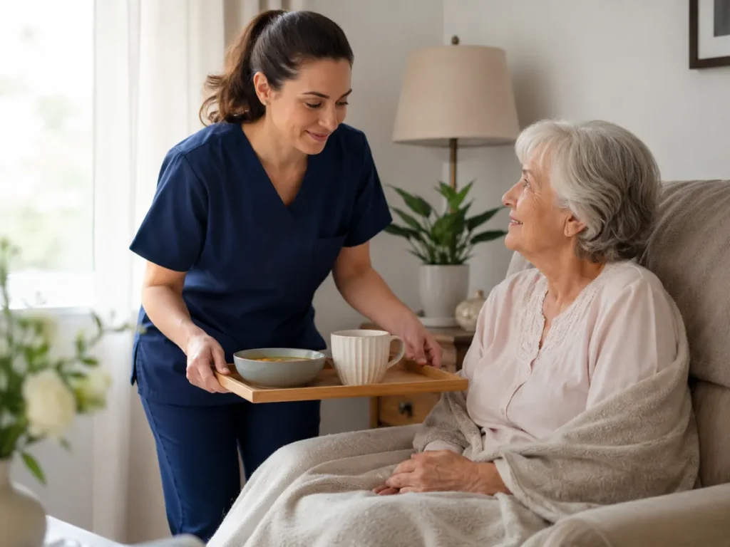 Hospice Care in Modesto - CA caregiver arranging bedside supplies and checking a patient's comfort, Hospice Care nurse in Merced - CA reviewing comfort notes with a family member