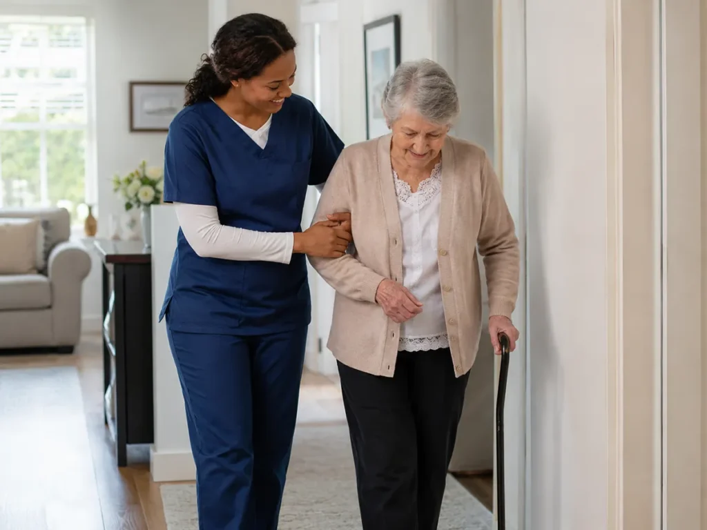 Hospice Care aide in Oakdale - CA discussing bedside comfort steps with a family caregiver, Hospice Care in Merced - CA caregiver arranging bedside supplies and fresh linens