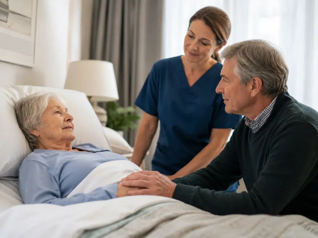 Hospice Care in Oakdale - CA caregiver adjusting pillows and blankets for a resting patient, Hospice Care provider in Del Rio - CA adjusting pillows while guiding a family member