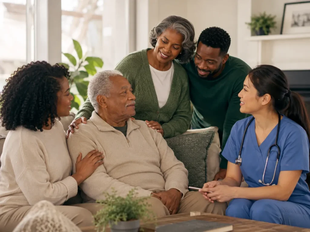 Hospice Care worker in Escalon - CA reviewing comfort needs with a family beside a bedside chair, Hospice Care in Del Rio - CA caregiver preparing a bedside tray and comfort items