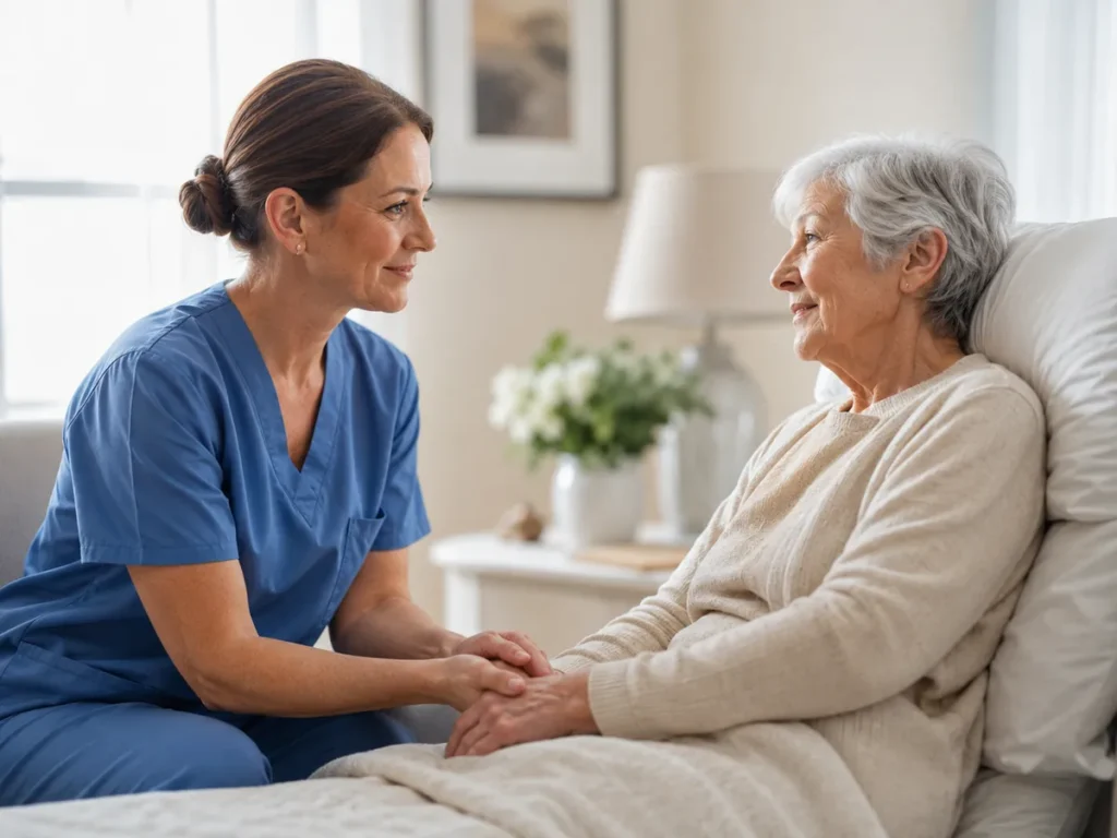 Hospice Care in Escalon - CA caregiver helping a patient settle comfortably into a recliner, Hospice Care specialist in Hughson - CA reviewing bedside comfort steps with a family caregiver