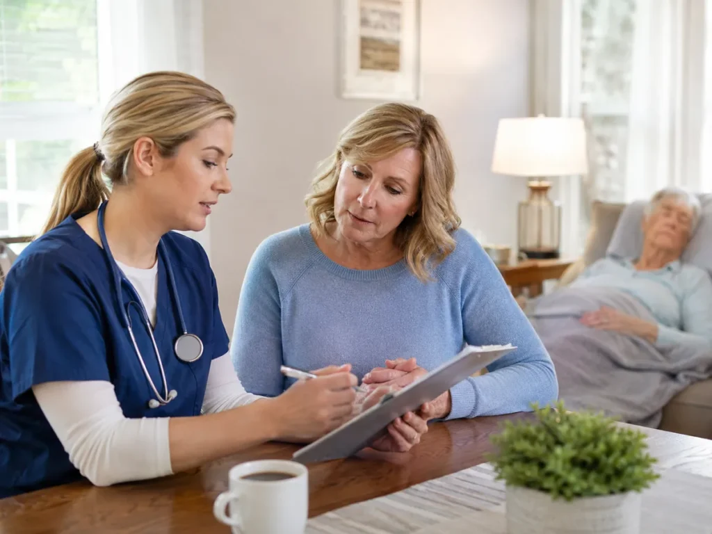 Hospice Care provider in Ripon - CA adjusting blankets and speaking calmly with a patient, Hospice Care in Hughson - CA caregiver arranging blankets and water at a bedside