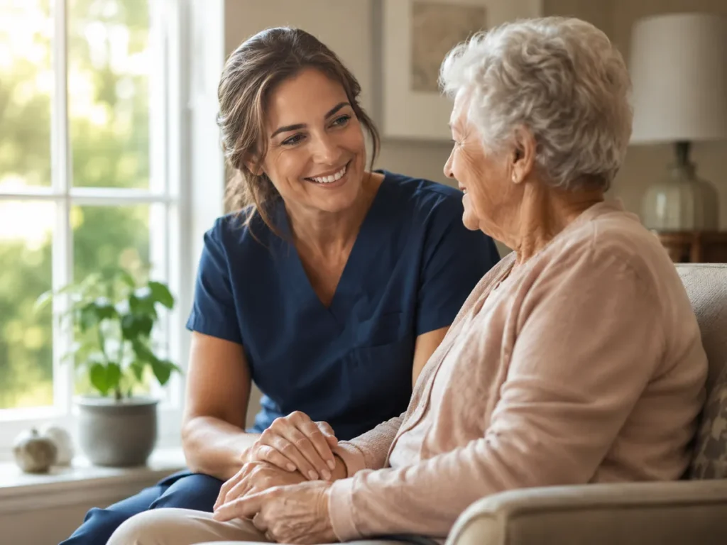 Hospice Care in Ripon - CA caregiver assisting a seated patient near a sunny bedroom window, Hospice Care provider in Turlock - CA reviewing a comfort routine with family members indoors