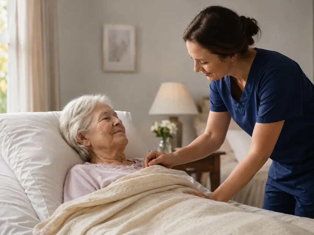 Hospice Care caregiver in Stockton - CA adjusting pillows and speaking gently with a home patient, Hospice Care in Turlock - CA caregiver adjusting pillows and organizing bedside comfort items, Hospice Care in Atwater - CA caregiver adjusting pillows and bedside lighting for comfort