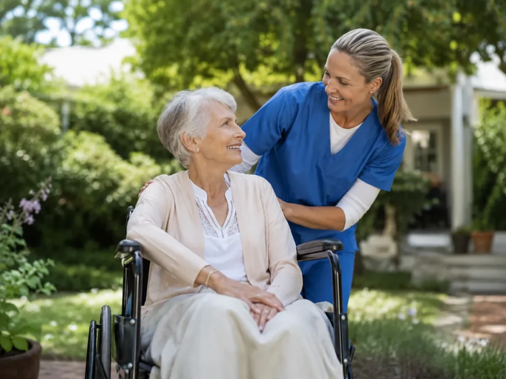 Hospice Care in Stockton - CA caregiver comforting a patient beside family in a quiet living room, Hospice Care caregiver in Modesto - CA reviewing comfort steps with a family at bedside, Hospice Care nurse in Merced - CA reviewing comfort notes with a family member