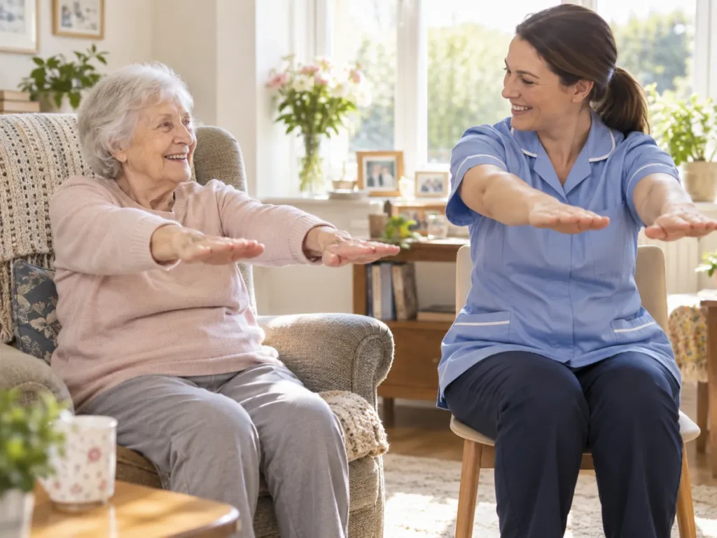 Elderly Care in Tracy - CA caregiver preparing lunch while assisting a senior at the kitchen counter