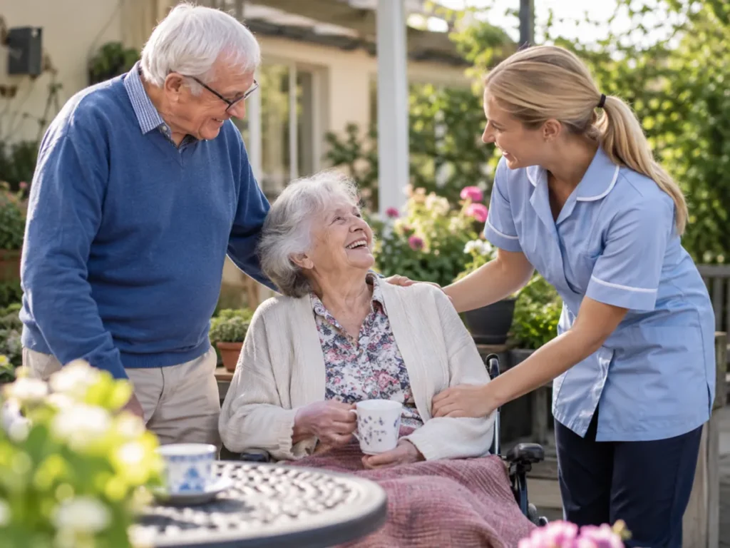 Elderly Care provider in Tracy - CA guiding a senior safely from a living room chair to a walker