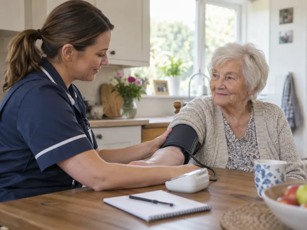 Elderly Care in Manteca - CA caregiver assisting a senior with breakfast and morning medications, Elderly Care in Turlock - CA caregiver assisting a senior with lunch preparation in a bright kitchen