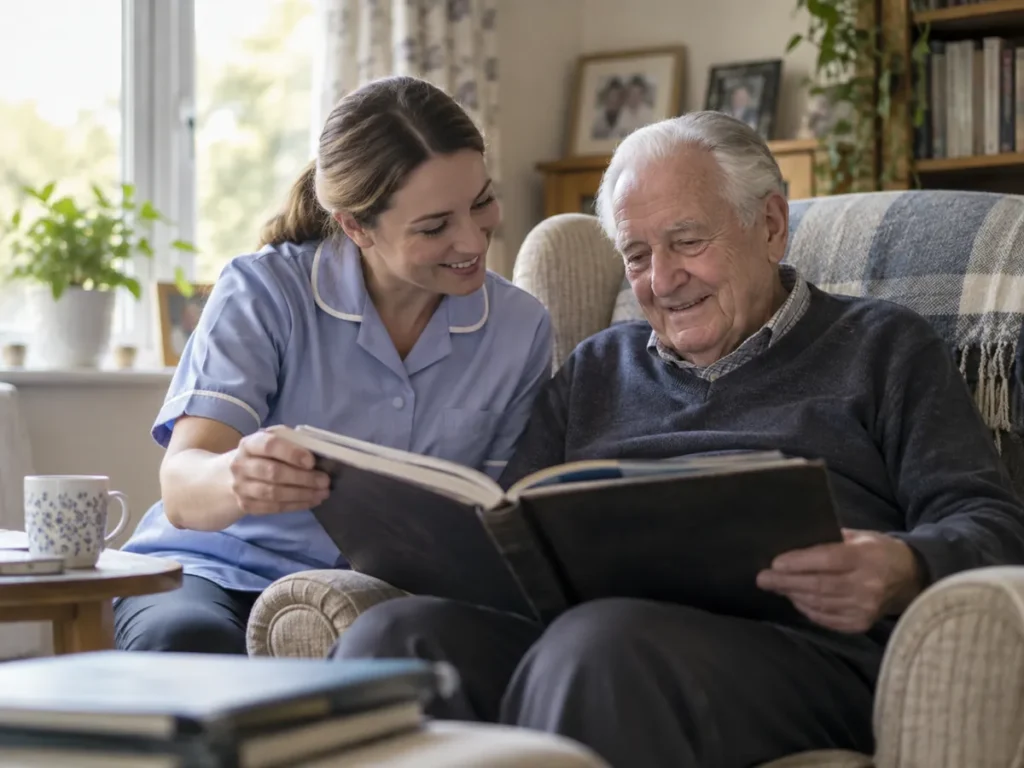 Caregiver providing elderly care support in a Manteca - CA home while assisting with safe hallway walking, Caregiver providing elderly care in a Turlock - CA living room while guiding a senior through safe standing practice