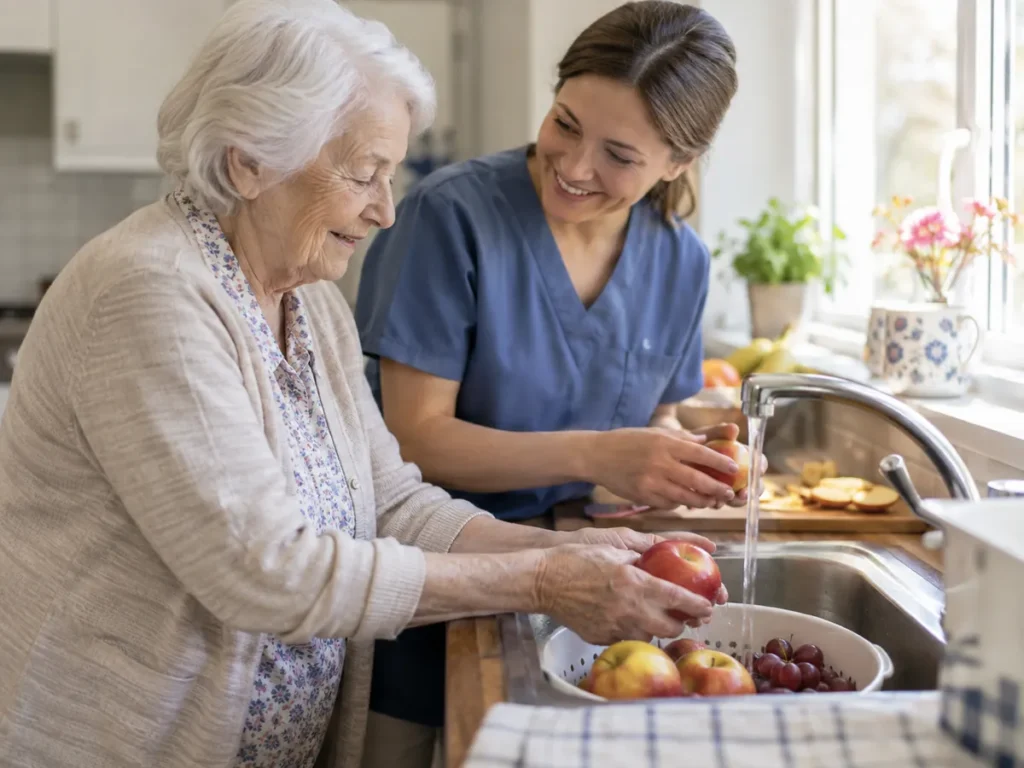 Elderly Care in Ripon - CA caregiver assisting a senior with lunch preparation at home, Elderly Care in Hughson - CA caregiver helping a senior organize medications at a dining table