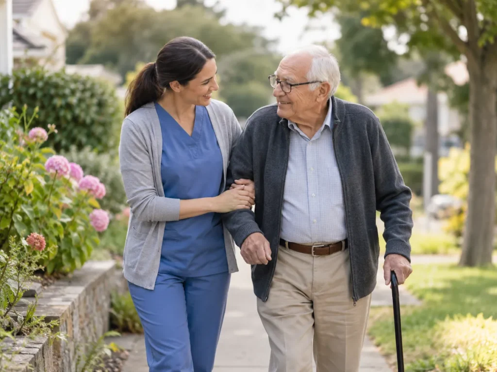 Caregiver providing elderly care assistance in a Ripon - CA home while guiding a senior safely to the kitchen, Caregiver providing elderly care in a Hughson - CA home while assisting a senior with safe hallway walking